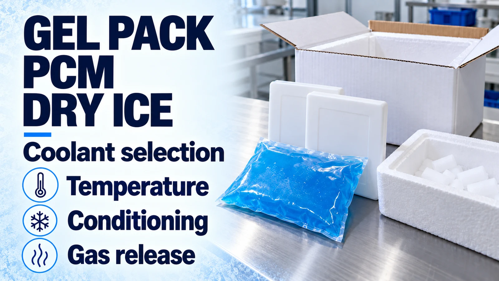 Gel pack, PCM panels and dry ice beside temperature, conditioning and gas-release icons