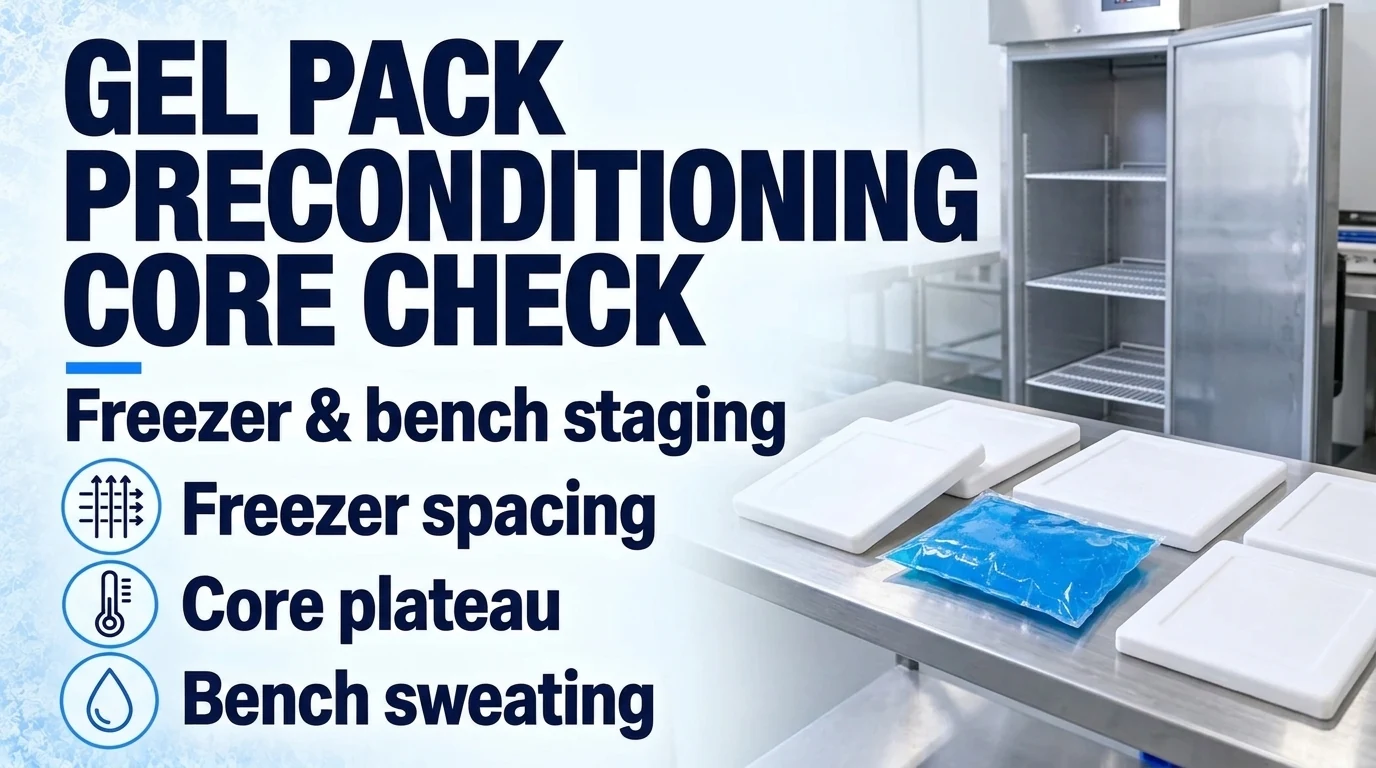 Rigid white coolant panels and a blue gel pouch beside freezer spacing, core plateau, and bench sweating icons