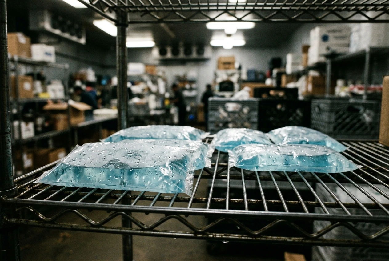 Sealed coolant pouches on a wire shelf