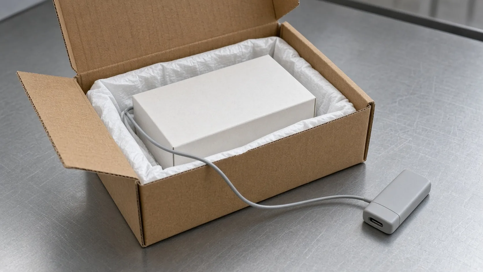 Open insulated shipper with a sensor cable beside the product and the monitor housing outside the carton
